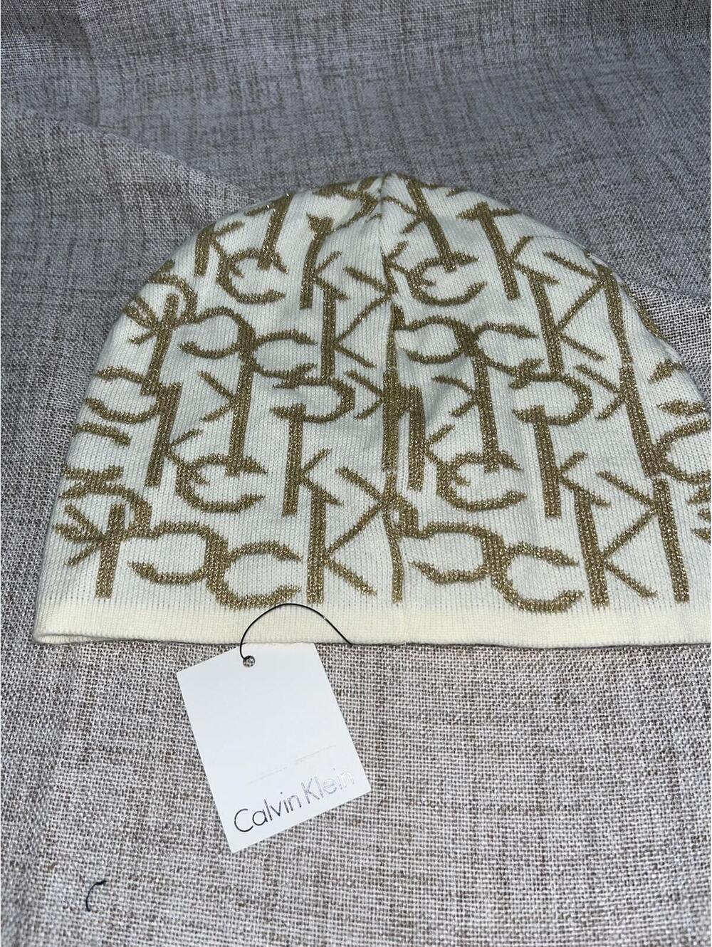 Calvin Klein Logo Beanie - cream gold NWT